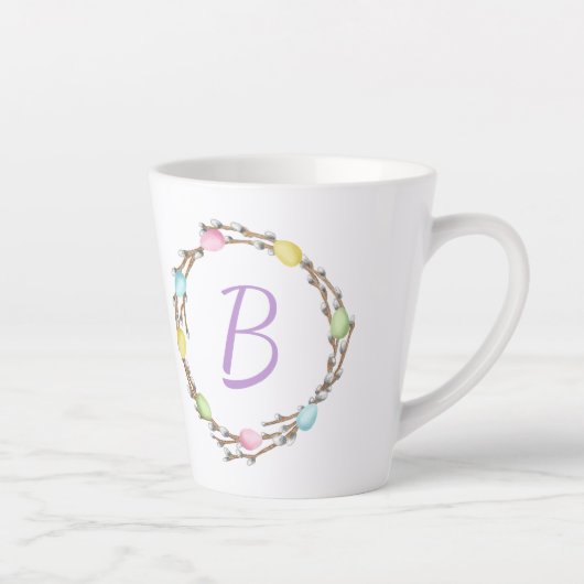 Easter Willow Wreath With Monogram And Pastel Eggs カフェラテマグ (右)