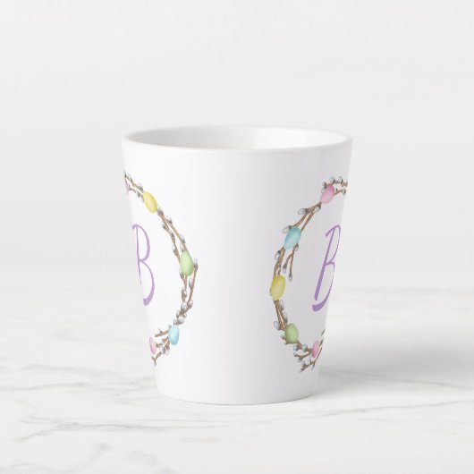 Easter Willow Wreath With Monogram And Pastel Eggs カフェラテマグ (正面)