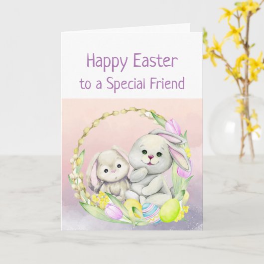 Easter Wishes Special Friend Cute Animals  Bunny カード (黄色い花)
