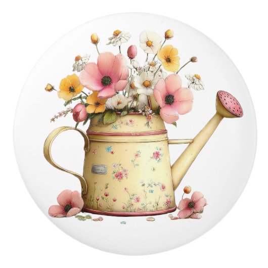 Easter Yellow Pink Watering Can of Flowers セラミックノブ (正面)