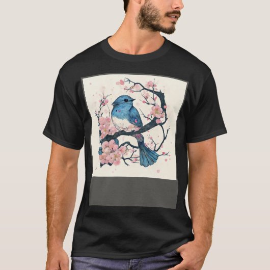 Eastern Blue Bird and Sakura Blossom Branch Tシャツ (正面)