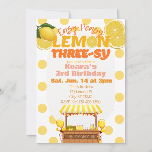 Easy Peasy Lemon Three-sy, Lemon 3rd Birthday 招待状 (正面)