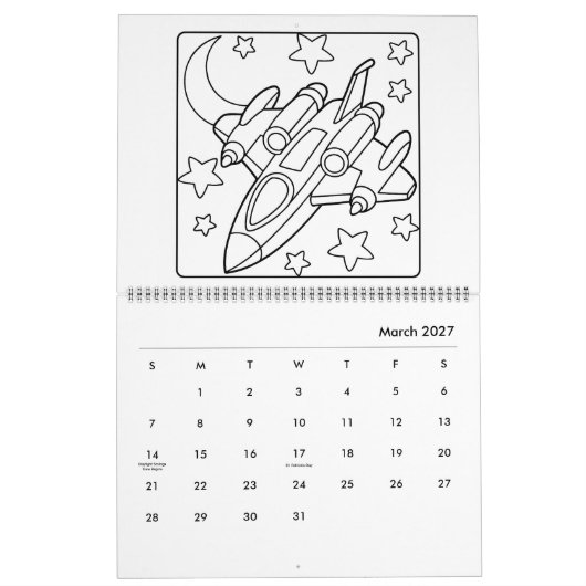 Easy Space Coloring Calendar カレンダー (3月 2027)