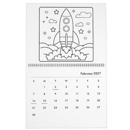 Easy Space Coloring Calendar カレンダー (2月 2027)