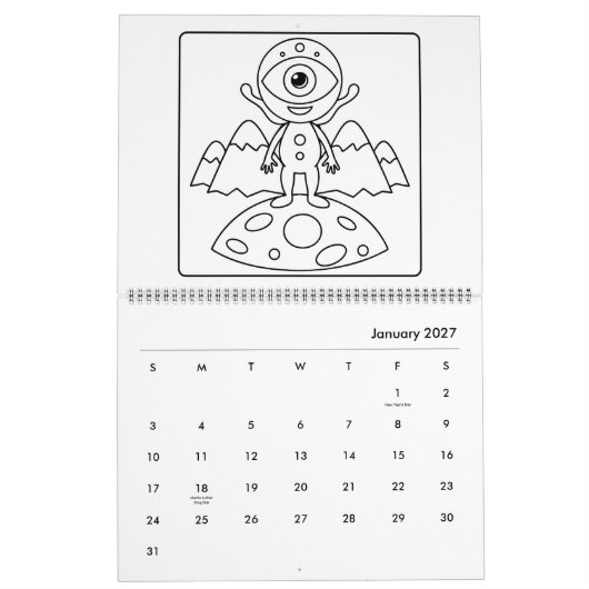 Easy Space Coloring Calendar カレンダー (1月 2027)