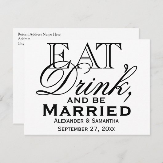 Eat, Drink, and Be Married カスタムウェディング インビテーションポストカード (正面/裏面)