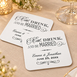 Eat Drink and Be Married ブラック 結婚式 モノグラム スクエアペーパーコースター