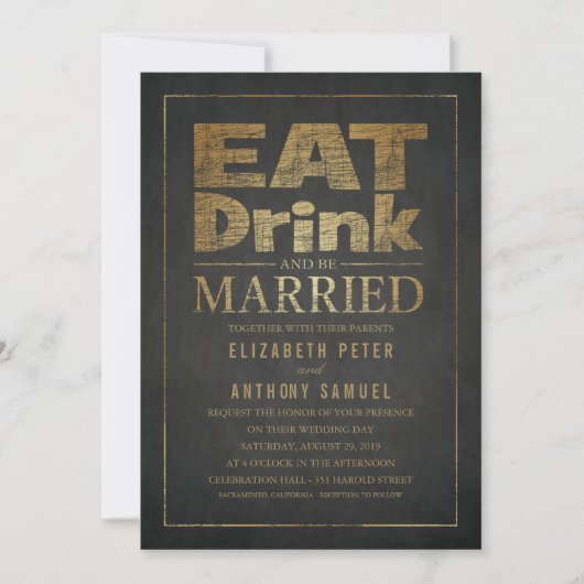 Eat Drink and Be Married ユニーク ゴールド ルック ウェディング 招待状 (正面)