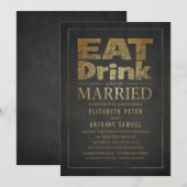 Eat Drink and Be Married ユニーク ゴールド ルック ウェディング 招待状 (正面/裏面)