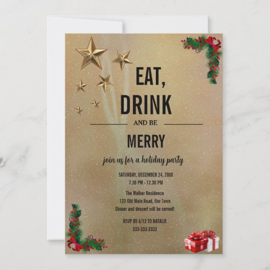 Eat Drink And Be Merry クリスマス ゴールドラメ 招待状 (正面)