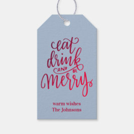 Eat Drink and be Merry 赤グラデーションスクリプト ブルーグレー ギフトタグ