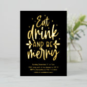 Eat Drink and Be Merry Gold Foil Christmas Party 箔招待状 (立ち正面)