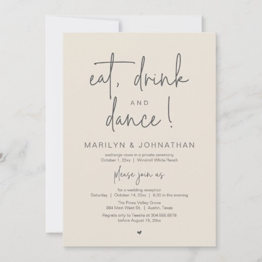 Eat, Drink and Dance, Modern Wedding Reception 招待状 (正面)