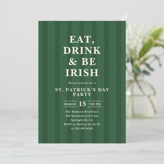 Eat Drink Be Irish St Patricks Party Stripes 招待状 (スタンド正面)