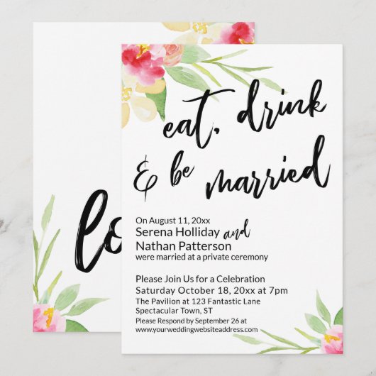 Eat Drink & Be Married タイポグラフィペイントフラワー 招待状 (正面/裏面)