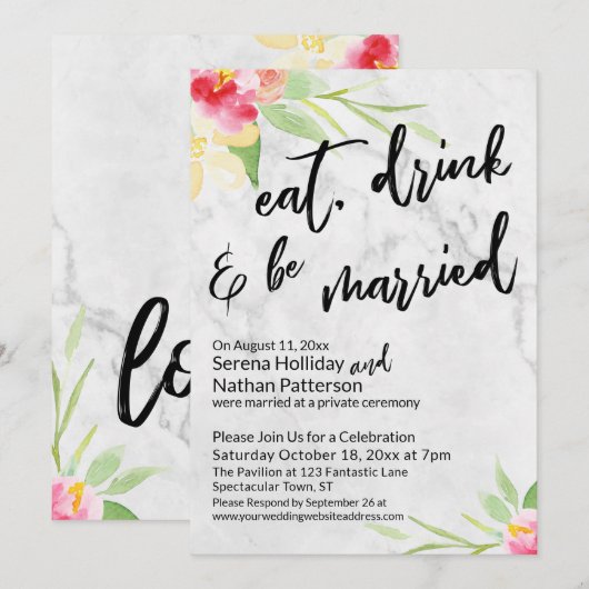 Eat Drink & Be Married ペイントフラワーと大理石 招待状 (正面/裏面)