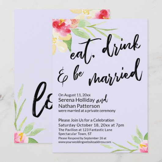 Eat Drink & Be Married ペイントフラワー ラベンダー 招待状 (正面/裏面)