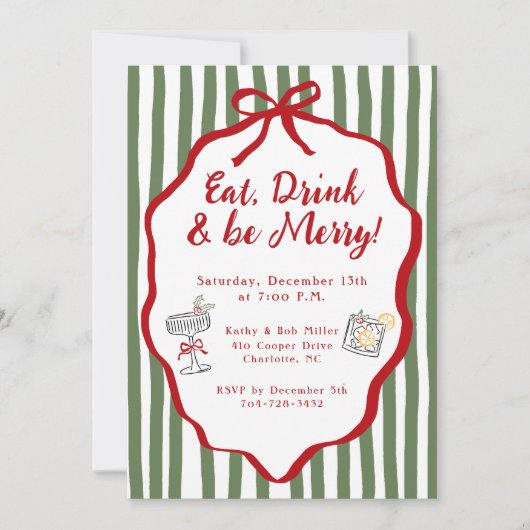 Eat Drink & Be Merry Christmas Party Bow 招待状 (正面)