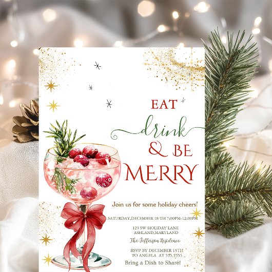 Eat Drink & Be Merry Cocktail Red Bow Invitation 招待状