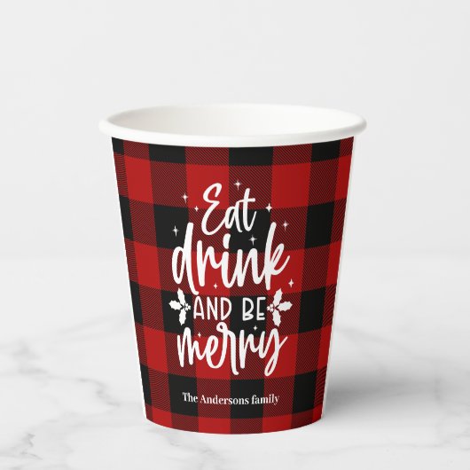 Eat Drink & Be Merry Red Buffalo Plaid 紙コップ (正面)