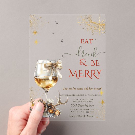 Eat Drink & Be Merry Wine Glass Bow アクリル招待状 (インサイチュ (ポータブル))