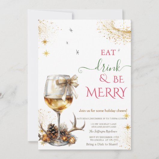 Eat Drink & Be Merry Wine Glass Bow 招待状 (正面)