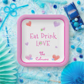 EAT DRINK LOVE バレンタインの楽しい水彩ハート ペーパープレート (パーティー)