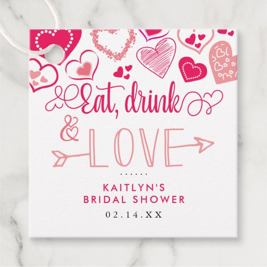 "Eat, Drink & Love" バレンタインデーのブライズシャワー フェイバータグ (正面)