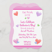 EAT DRINK LOVE Galentines Fun Watercolor Hearts 招待状 (正面/裏面)