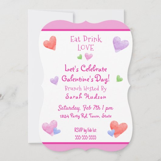EAT DRINK LOVE Galentines Fun Watercolor Hearts 招待状 (正面)