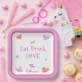 EAT DRINK LOVE Valentines Fun Watercolor Hearts ペーパープレート (パーティー)