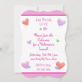 EAT DRINK LOVE Valentines Fun Watercolor Hearts 招待状