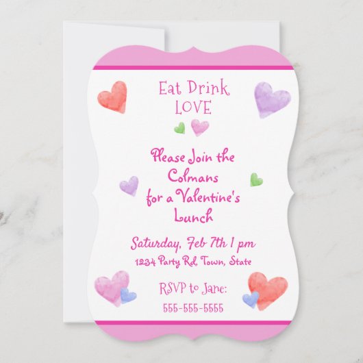 EAT DRINK LOVE Valentines Fun Watercolor Hearts 招待状 (正面)