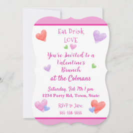 EAT DRINK LOVE Valentines Watercolor Hearts 招待状