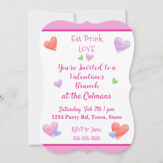 EAT DRINK LOVE Valentines Watercolor Hearts 招待状 (正面)