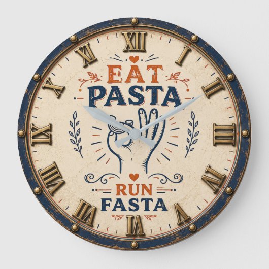 Eat Pasta Run Fasta Funny Italian Kitchen Decor ラージ壁時計 (正面)