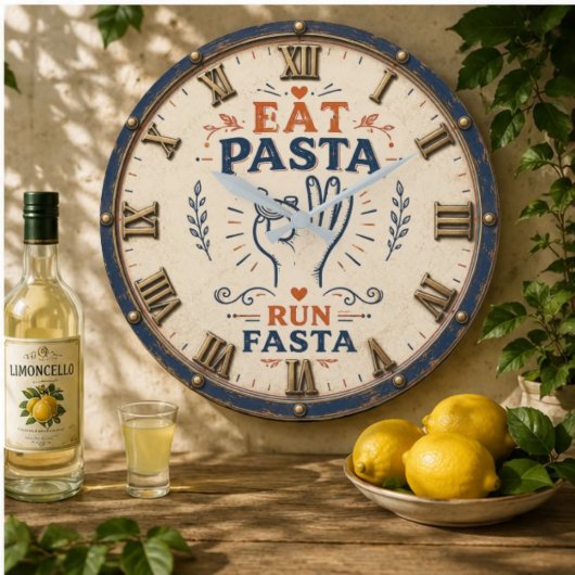 Eat Pasta Run Fasta Funny Italian Kitchen Decor ラージ壁時計