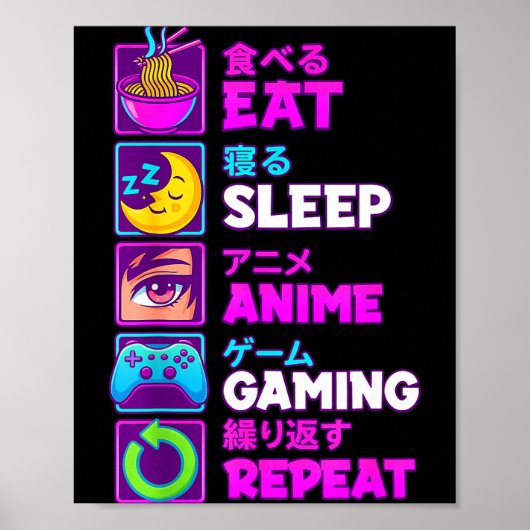 Eat Sleep Anime Gaming Repeat Kawaii Otaku Anime M ポスター (正面)