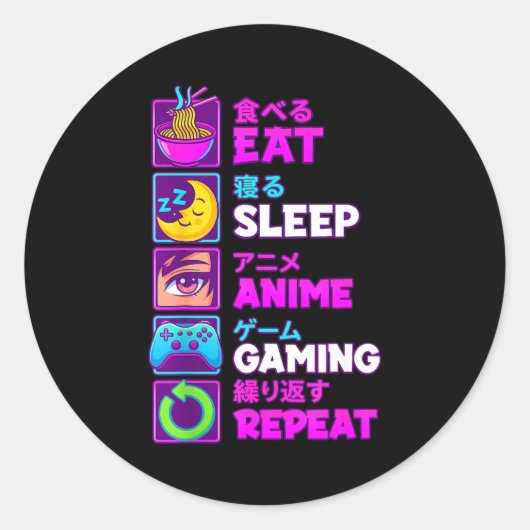Eat Sleep Anime Gaming Repeat Kawaii Otaku Anime M ラウンドシール (正面)