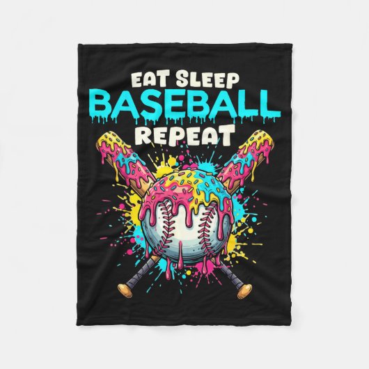 Eat Sleep Baseball Repeat Funny Ice Cream Drip Cro フリースブランケット (正面)