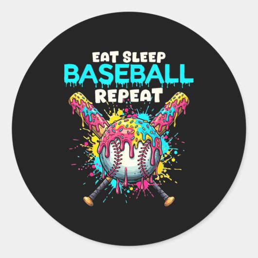 Eat Sleep Baseball Repeat Funny Ice Cream Drip Cro ラウンドシール (正面)