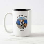 "Eat. Sleep. Corgi. Repeat." オリジナル写真入り ツートーンマグカップ (左)