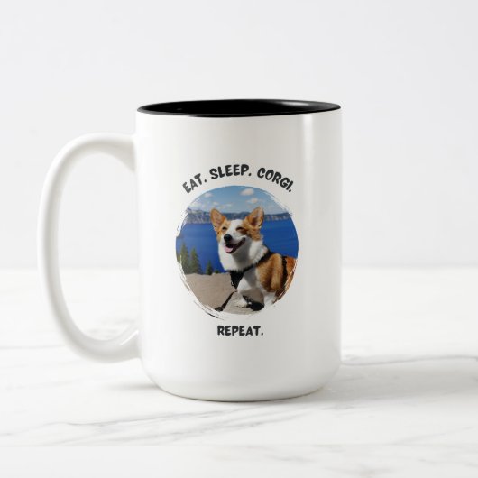 "Eat. Sleep. Corgi. Repeat." オリジナル写真入り ツートーンマグカップ (左)
