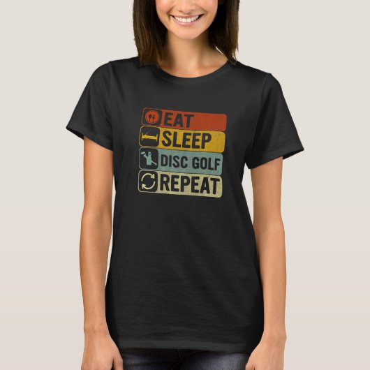 Eat Sleep Disc Golf Repeat Retro 60s 70s Disc Golf Tシャツ (正面)