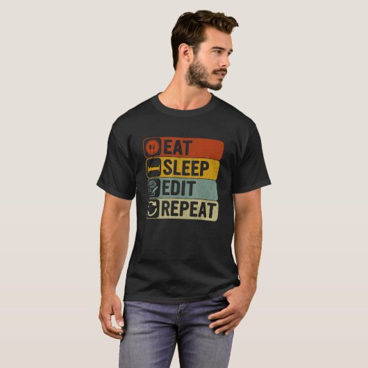 Eat Sleep Edit Repeat Retro 60s 70s Editing Tシャツ (正面フル)