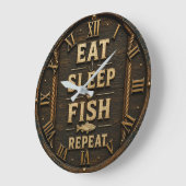 Eat Sleep Fish Repeat Fisherman Gift ラージ壁時計 (傾斜)