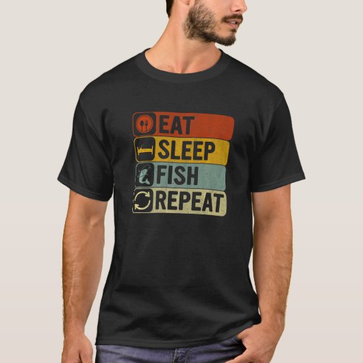 Eat Sleep Fish Repeat Retro 60s 70s Fishing Tシャツ (正面)