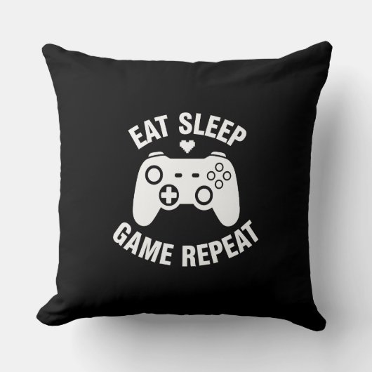 Eat Sleep Game Repeat - 面白いゲーマーの引用デザイン クッション (正面)