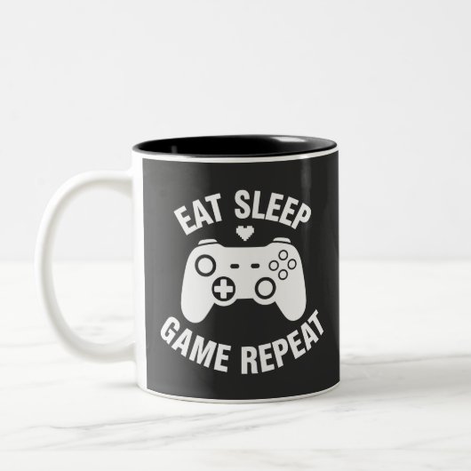 Eat Sleep Game Repeat - 面白いゲーマーの引用デザイン ツートーンマグカップ (左)