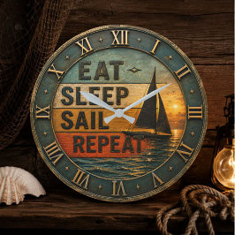 Eat Sleep Sail Repeat Coastal Nautical decor ラージ壁時計